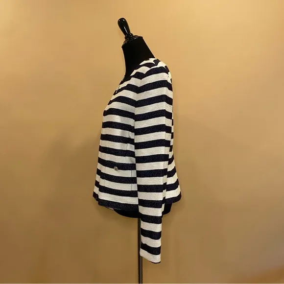 Karl Lagerfeld Navy Blue White Striped Tweed Blazer Jacket Size 16 NWT