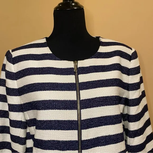 Karl Lagerfeld Navy Blue White Striped Tweed Blazer Jacket Size 16 NWT