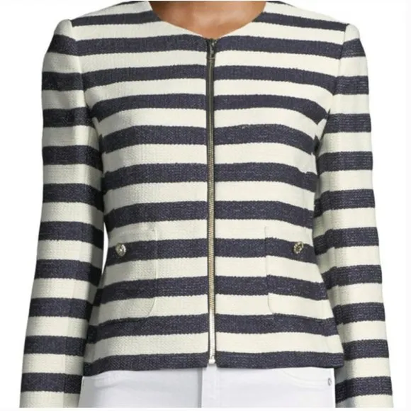 Karl Lagerfeld Navy Blue White Striped Tweed Blazer Jacket Size 16 NWT