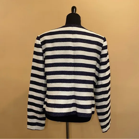 Karl Lagerfeld Navy Blue White Striped Tweed Blazer Jacket Size 16 NWT