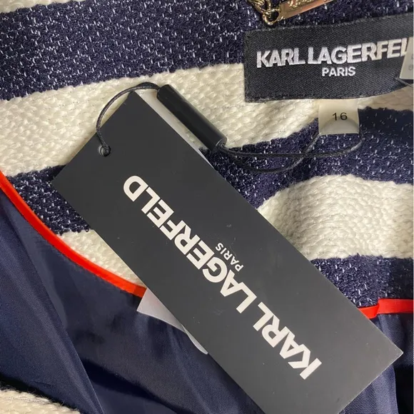 Karl Lagerfeld Navy Blue White Striped Tweed Blazer Jacket Size 16 NWT
