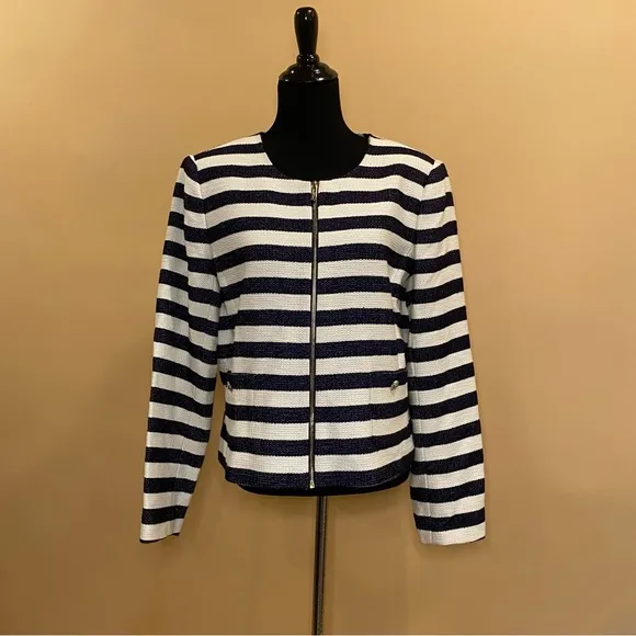 Karl Lagerfeld Navy Blue White Striped Tweed Blazer Jacket Size 16 NWT