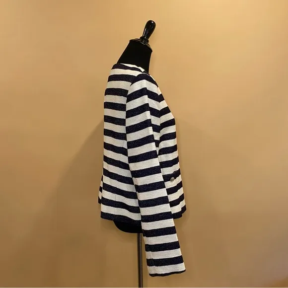 Karl Lagerfeld Navy Blue White Striped Tweed Blazer Jacket Size 16 NWT