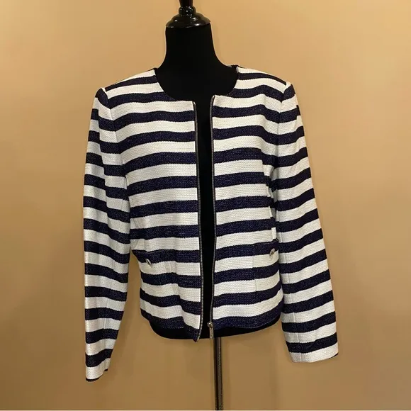 Karl Lagerfeld Navy Blue White Striped Tweed Blazer Jacket Size 16 NWT