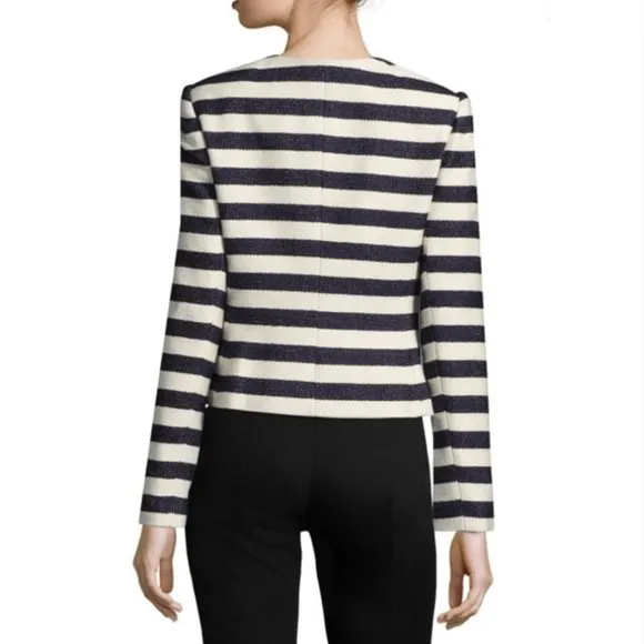 Karl Lagerfeld Navy Blue White Striped Tweed Blazer Jacket Size 16 NWT