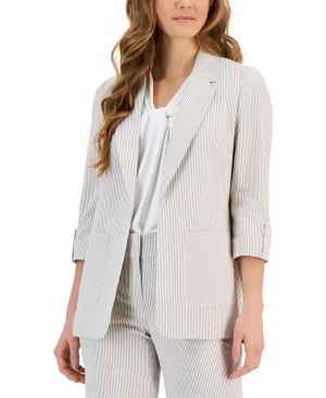 Kasper Womens Petite Seersucker 3/4-Sleeve Blazer Jacket 10869146
