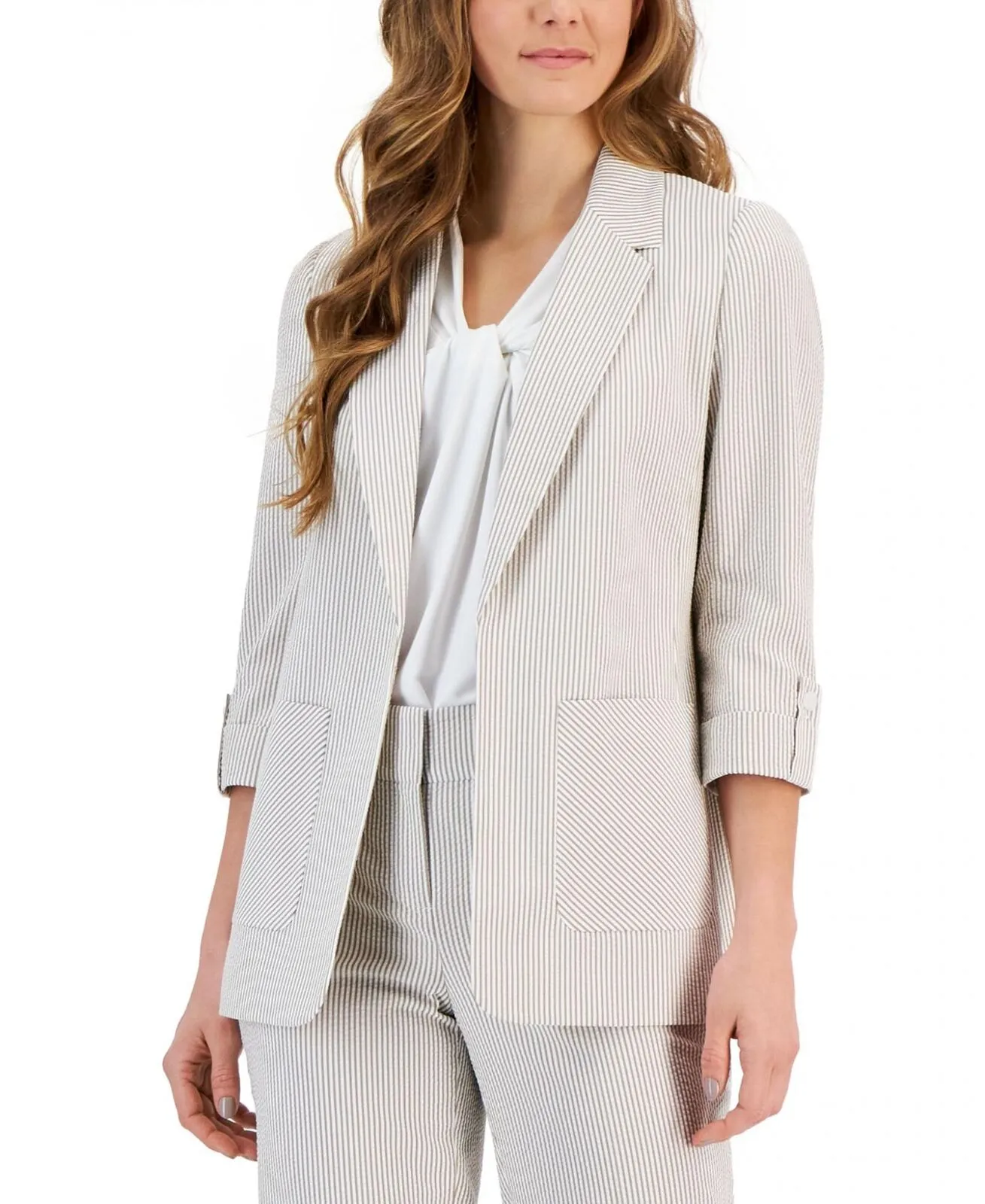 Kasper Womens Petite Seersucker 3/4-Sleeve Blazer Jacket 10869146
