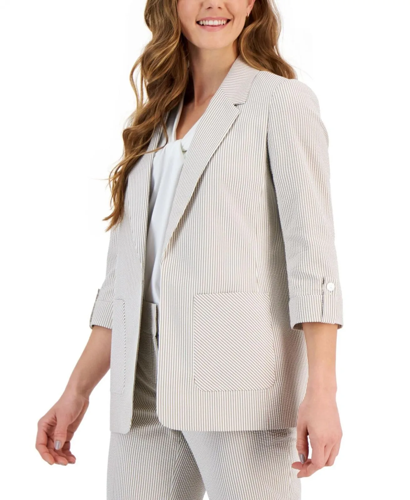 Kasper Womens Petite Seersucker 3/4-Sleeve Blazer Jacket 10869146