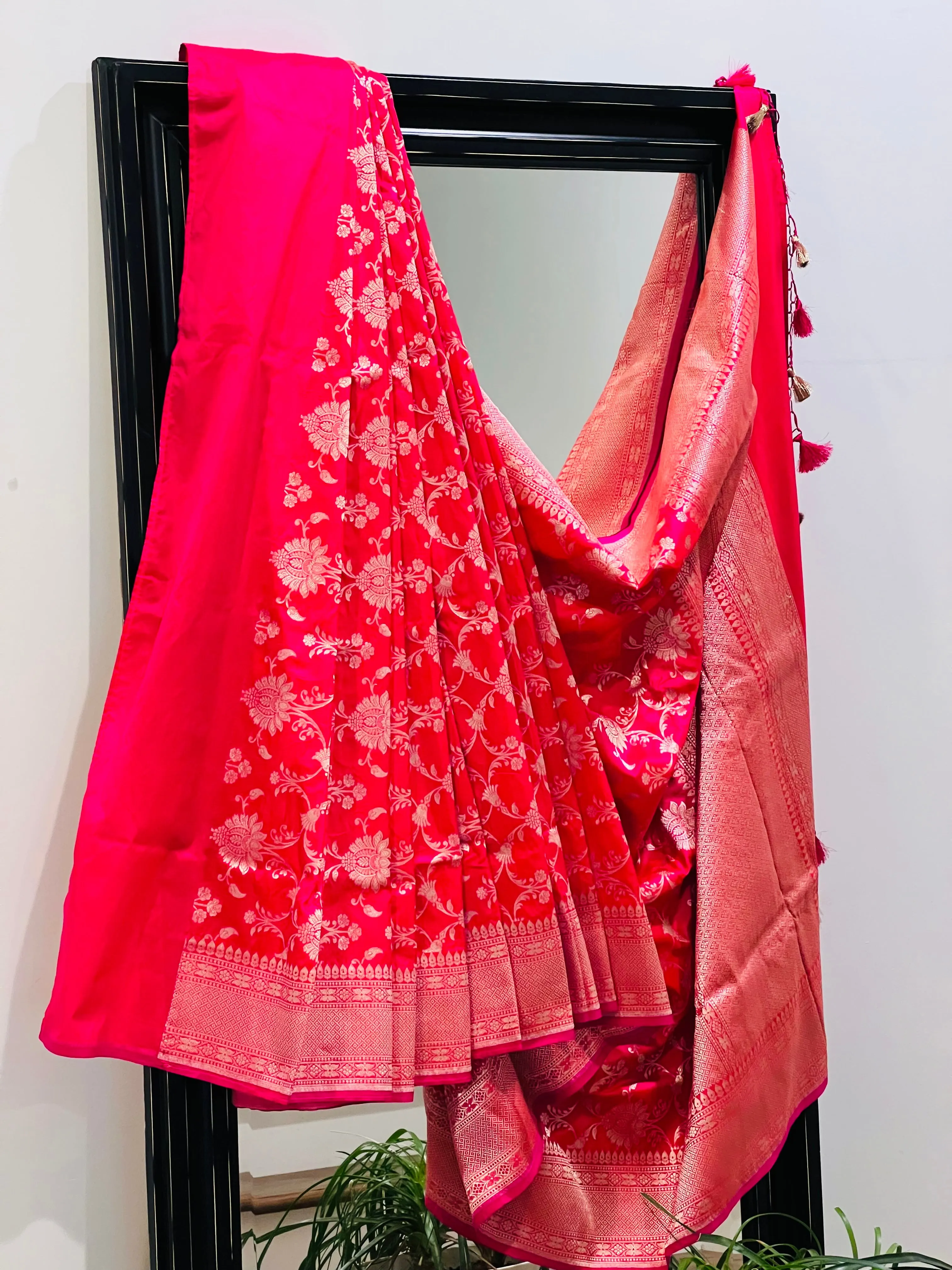 Katan Banaras Saree in Pink W/ Custom Blouse.