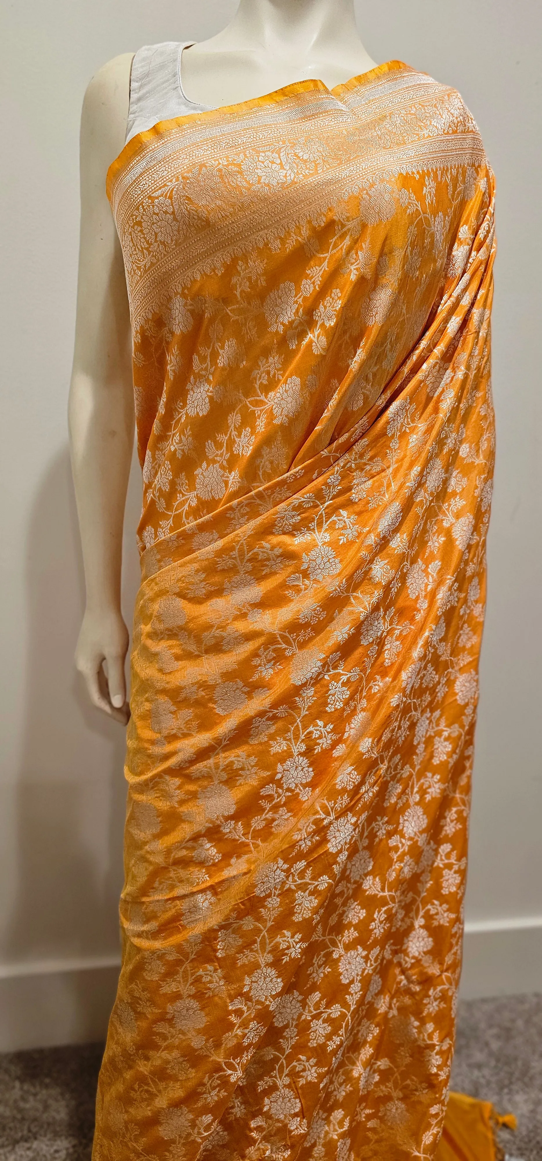 Katan Banaras Silver Zari Saree in Yellow W/Blouse.