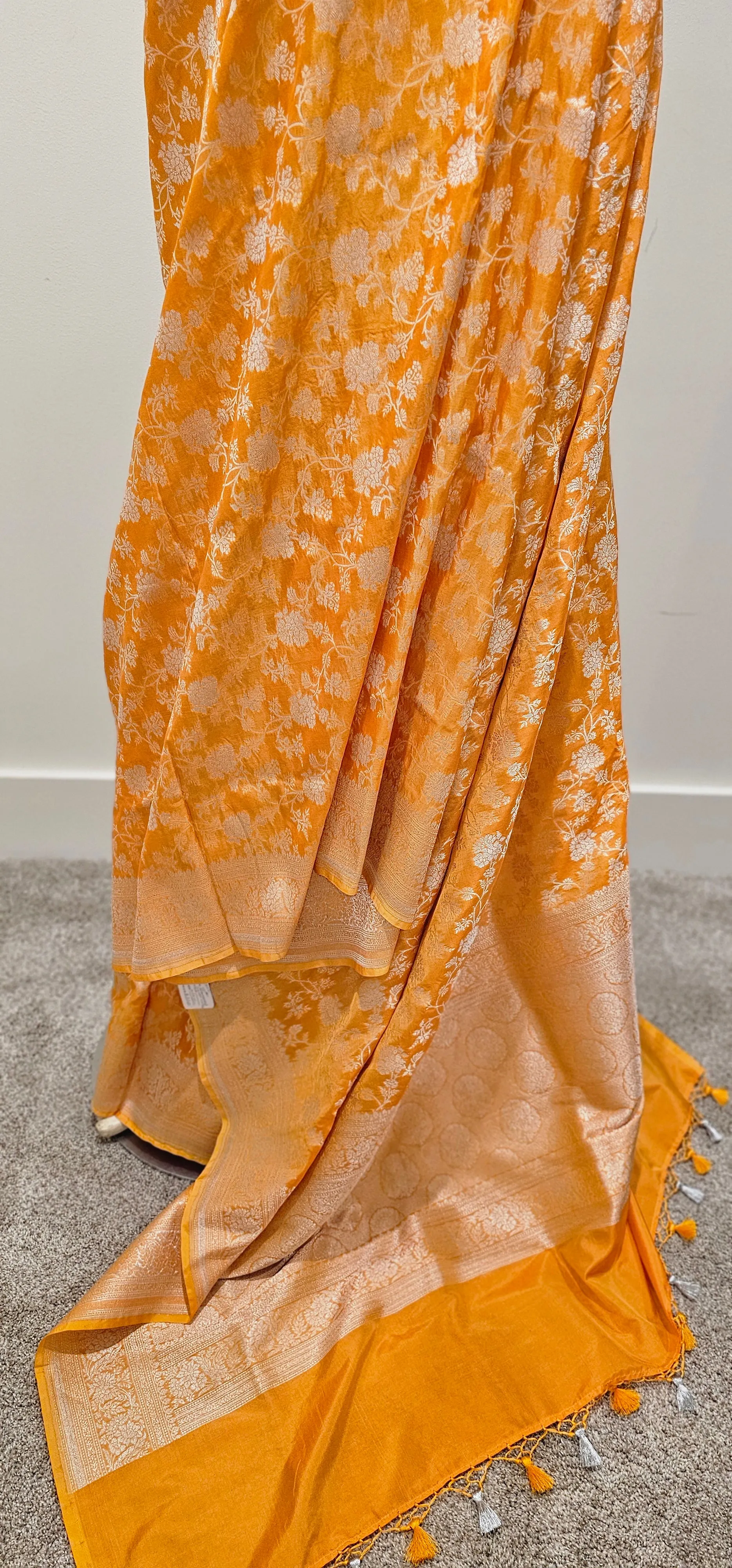 Katan Banaras Silver Zari Saree in Yellow W/Blouse.