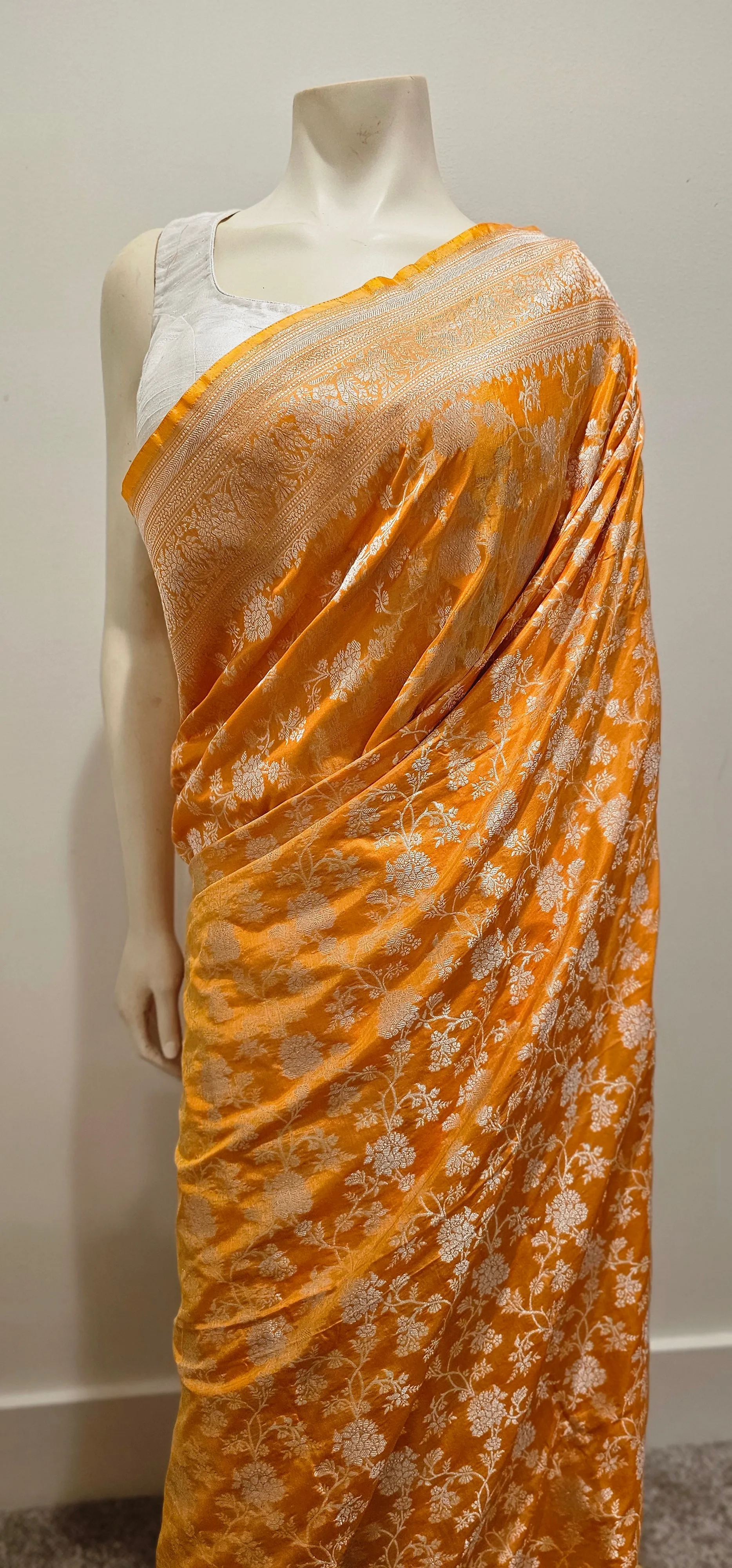 Katan Banaras Silver Zari Saree in Yellow W/Blouse.