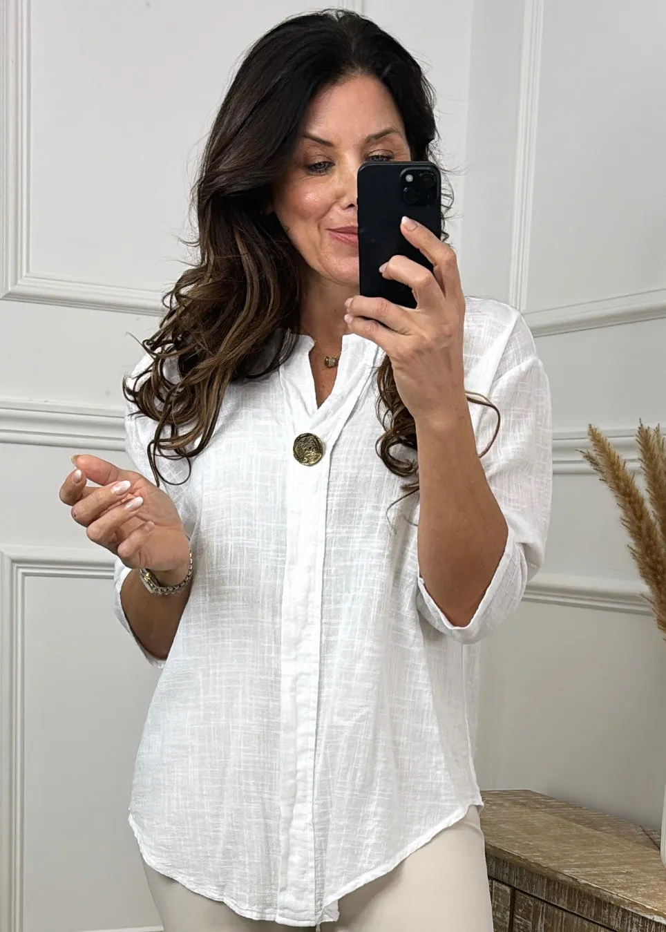 Kathleen White Button Detail Top