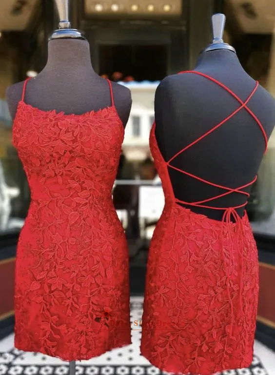 Knee Length Sheath Red Lace Homecoming Dress