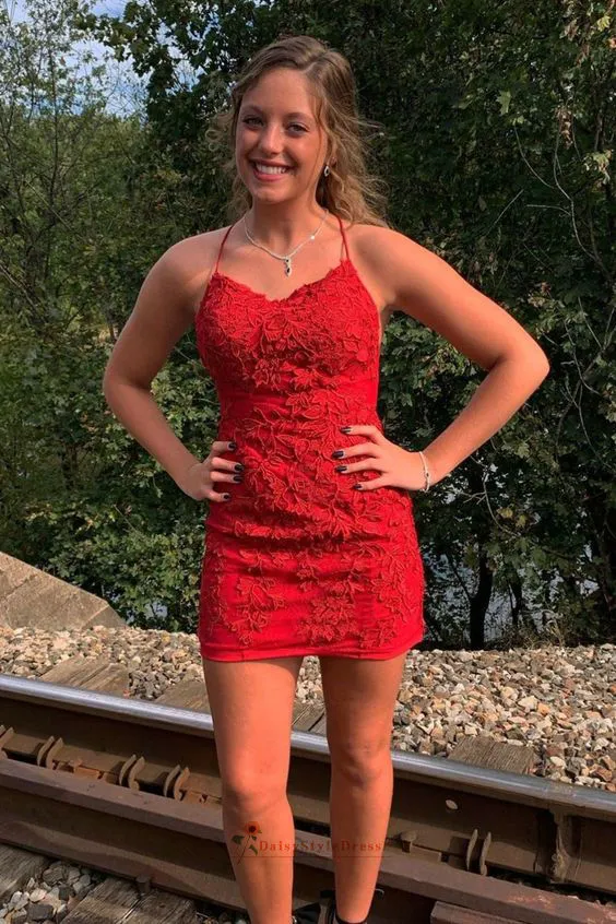 Knee Length Sheath Red Lace Homecoming Dress