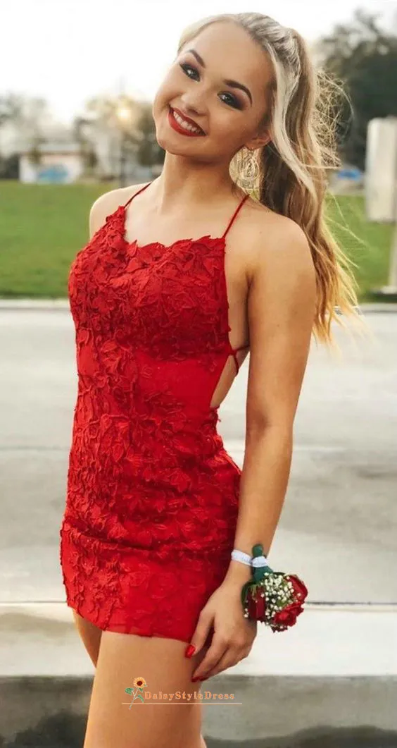 Knee Length Sheath Red Lace Homecoming Dress