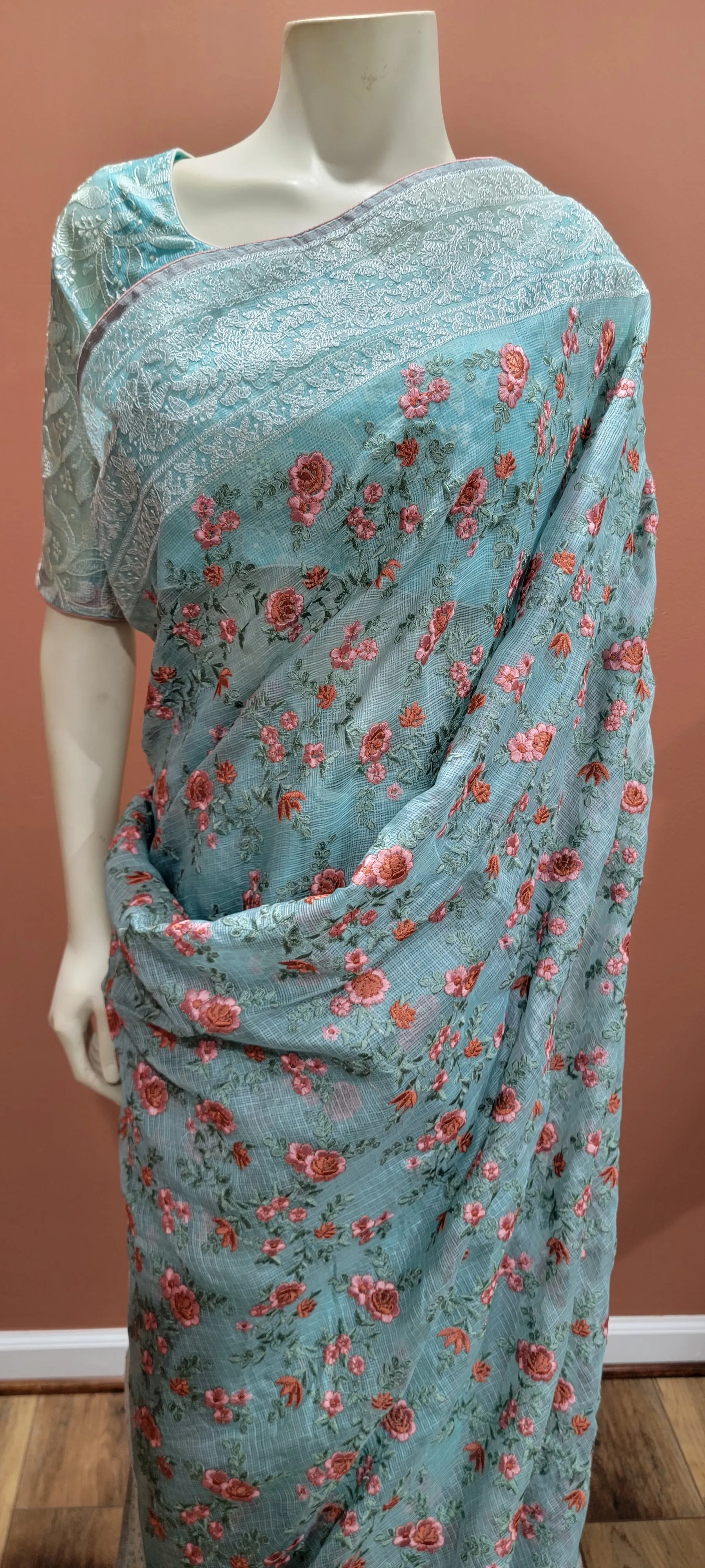 Kota Tussar Saree w/ Chikankari Blouse in light Blue
