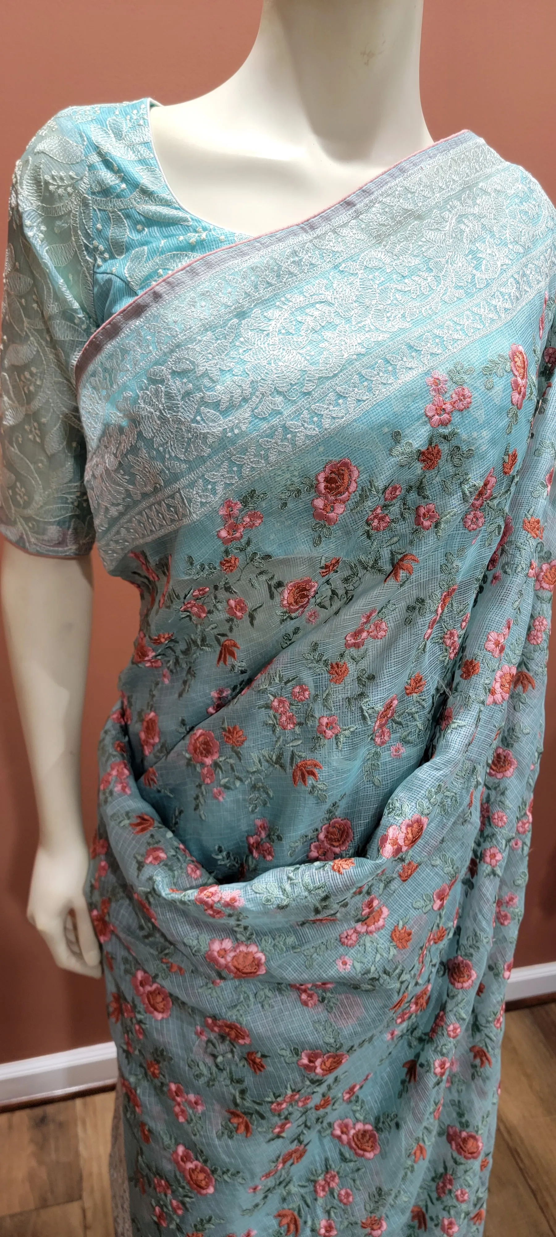 Kota Tussar Saree w/ Chikankari Blouse in light Blue
