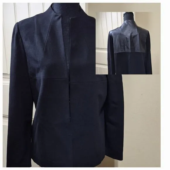 Lafayette 148 New York Viscose Leather Blazer Medium Collarless Jacket Black