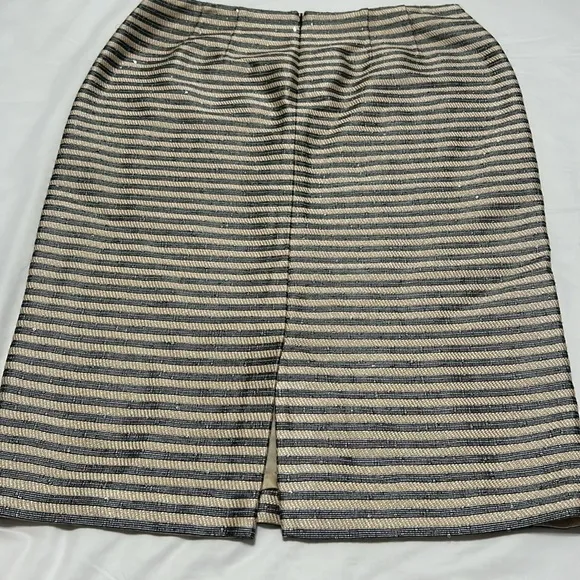 Lafayette 148 Pencil Skirt size 8 Beaded Sequins Cream with black/gray stripes