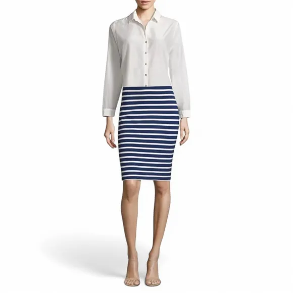 L'Agence Pull On Navy Striped Stretch Knit Basic Pencil Skirt Women's Sz M