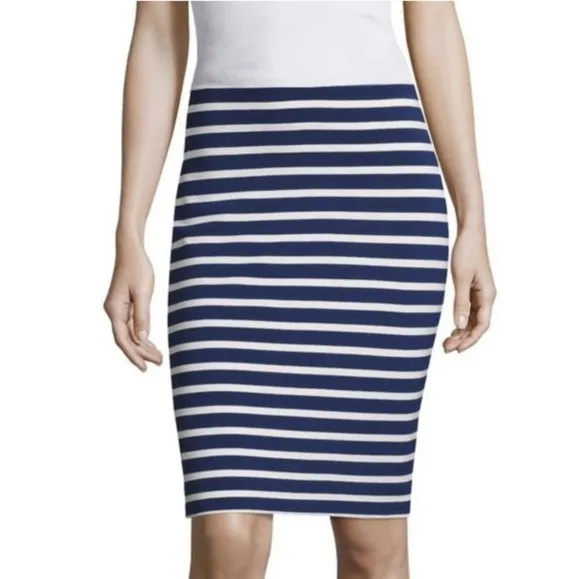 L'Agence Pull On Navy Striped Stretch Knit Basic Pencil Skirt Women's Sz M