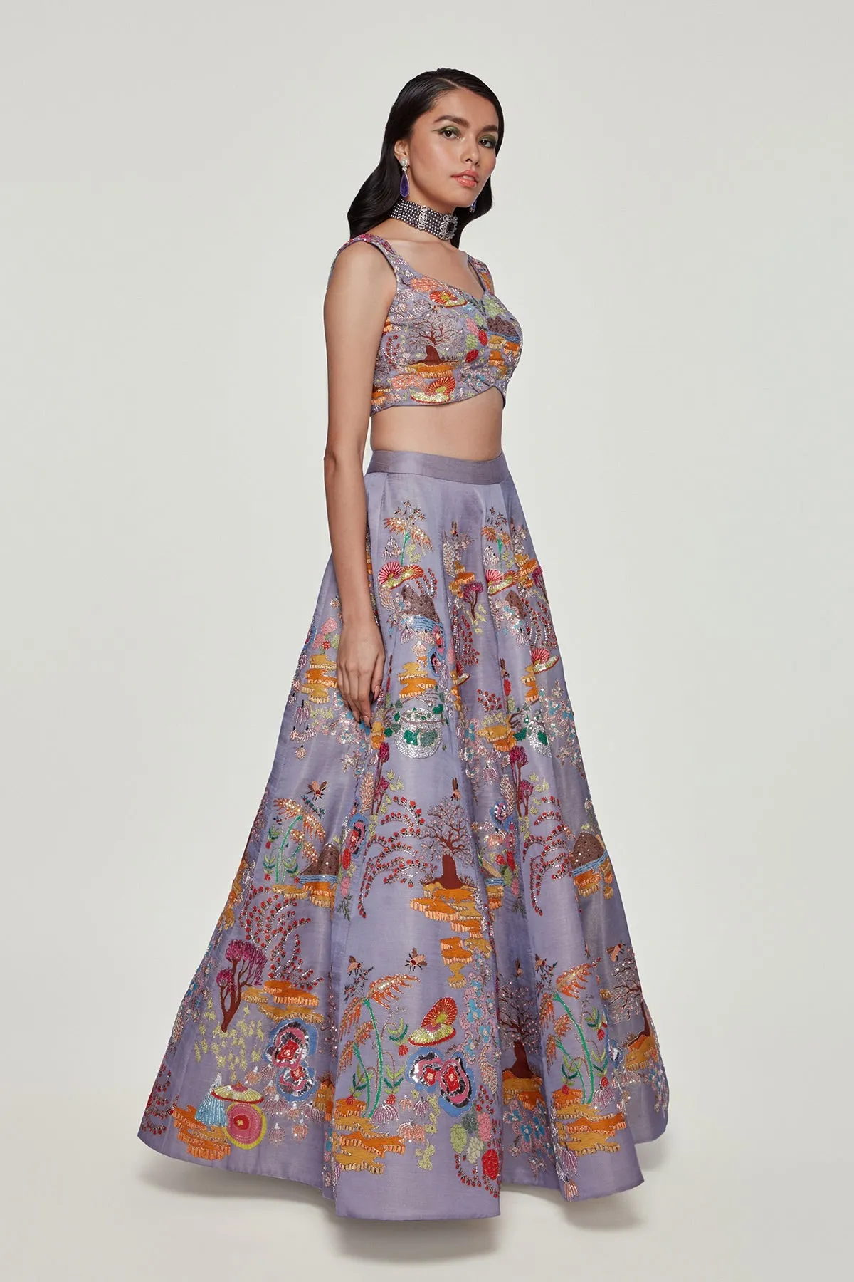 Lavender Divergence Silk Appliquéd And Embellished Lehenga With Blouse And Cutwork Organza Dupatta