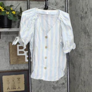 LC Lauren Conrad Woven Button Up Puff Sleeve Blouse Shirt Top Blue / White M