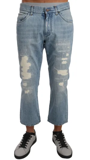 Light Blue Cotton Ripped Jeans Cropped Pants