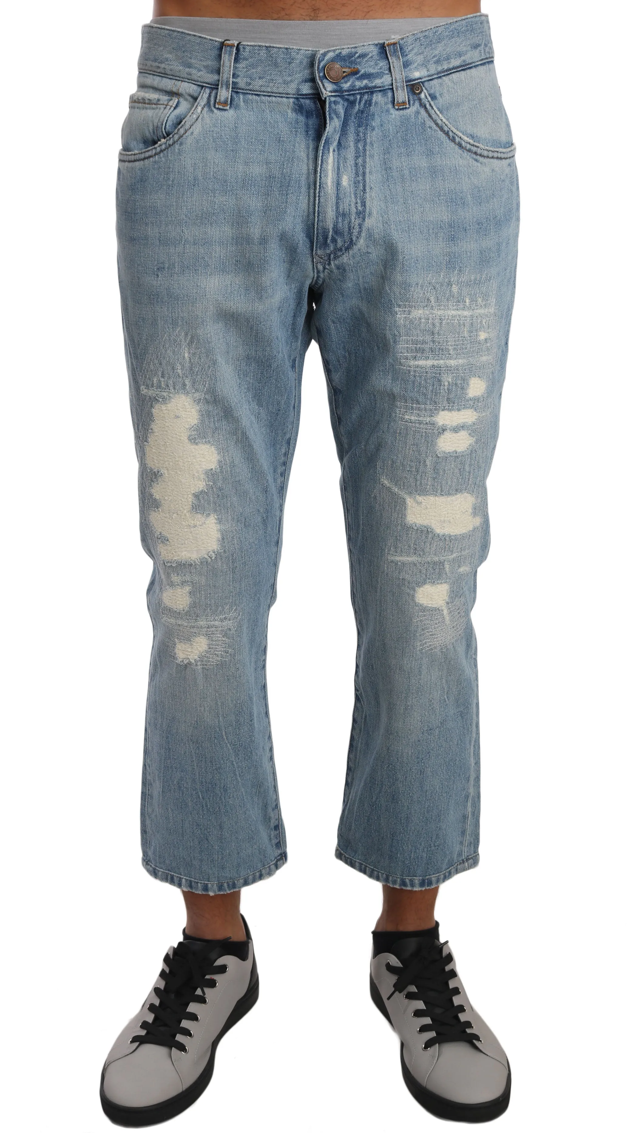 Light Blue Cotton Ripped Jeans Cropped Pants
