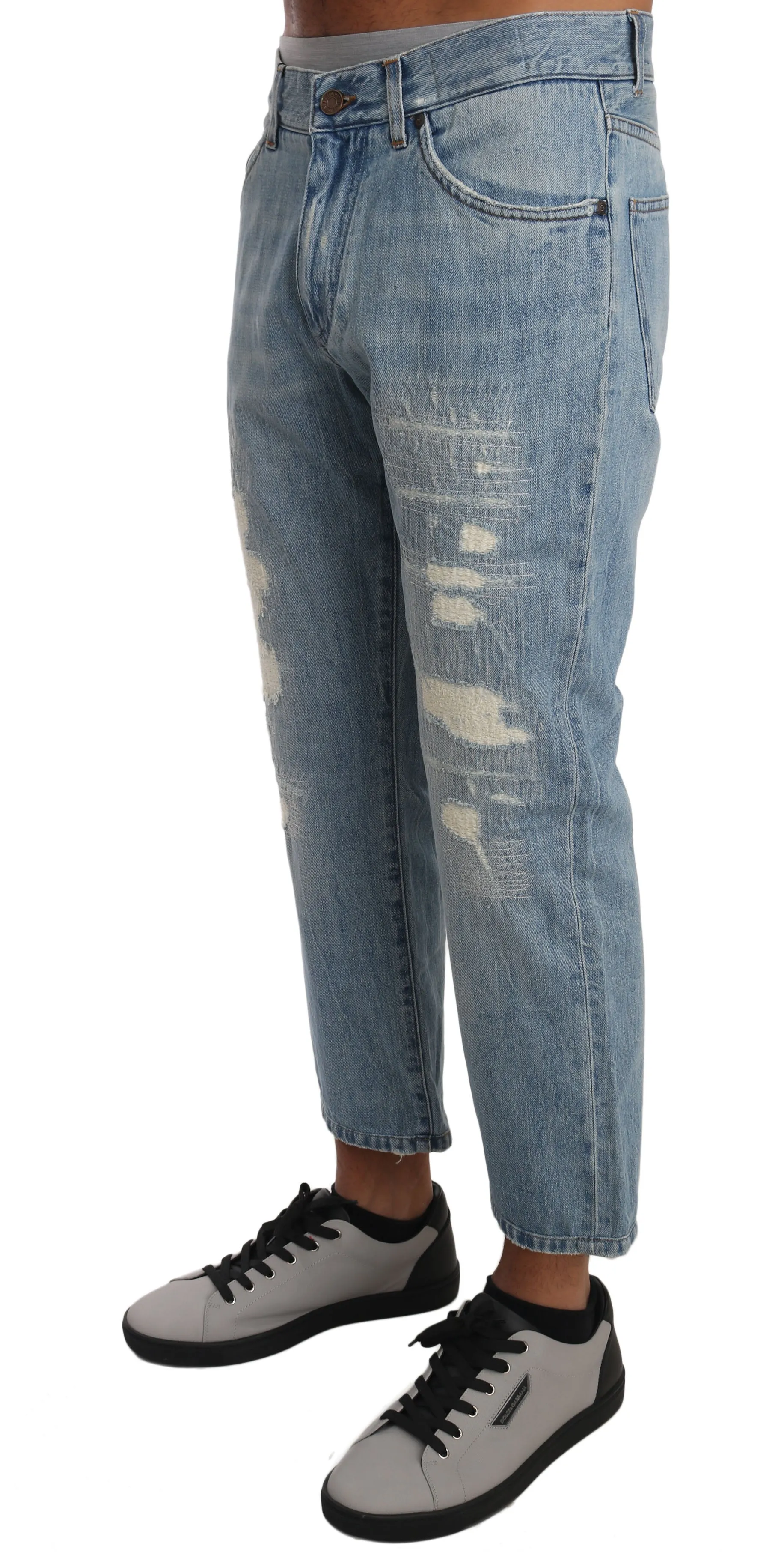 Light Blue Cotton Ripped Jeans Cropped Pants
