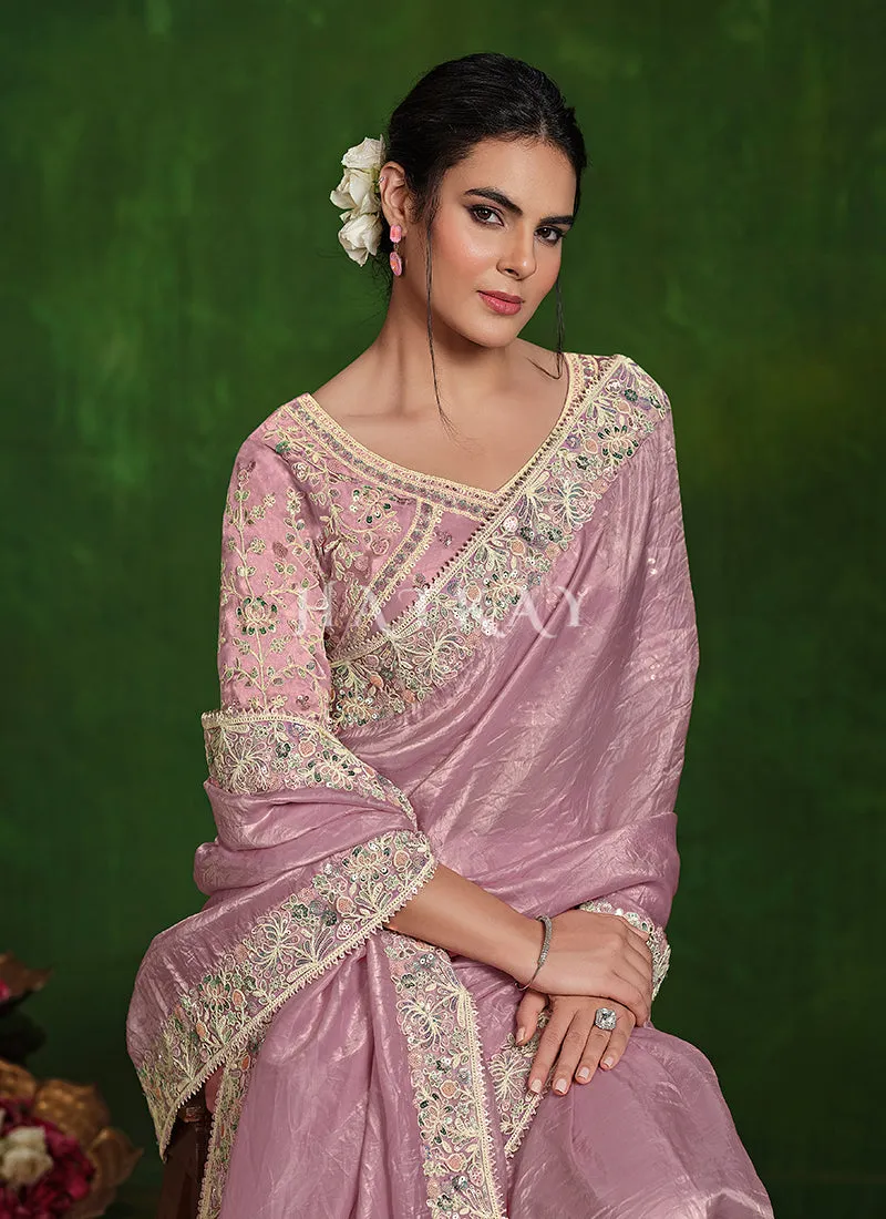 Light Pink Multi Embroidery Premium Silk Saree
