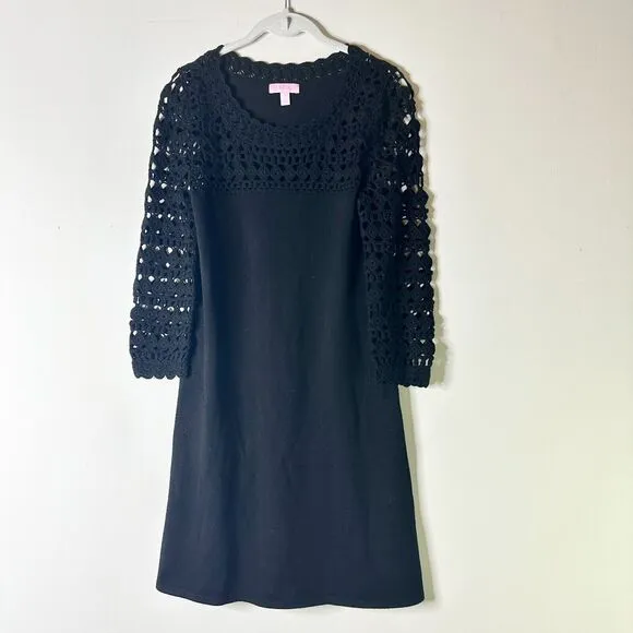 LILLY PULITZER Kariana Dress Womens S Black Crocket Merino Wool 3/4 Sleeve NWOT