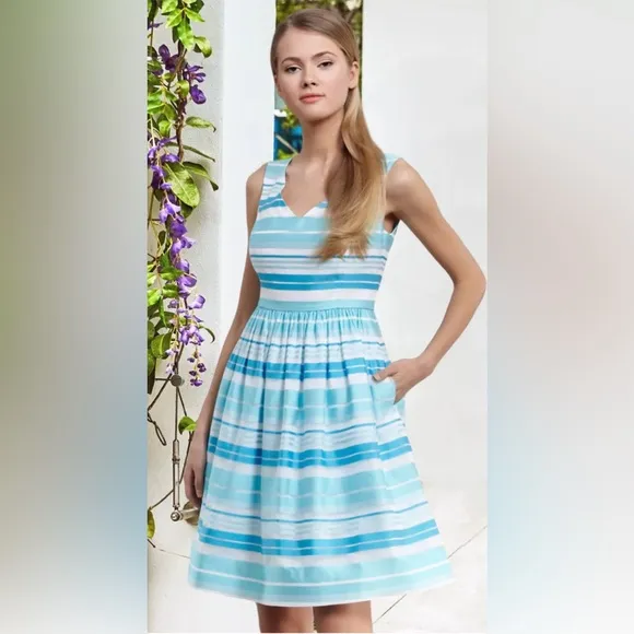 Lilly Pulitzer Kiera Blue Dress Wrapping Silk Organza Stripe Turquoise SZ 0