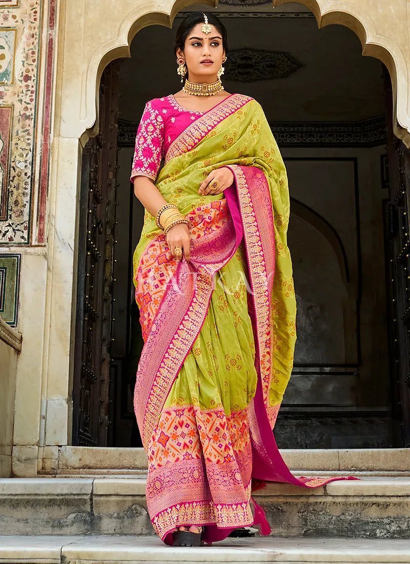 Lime Green And Pink Embroidered Silk Saree