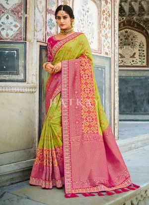 Lime Green And Pink Embroidered Silk Saree