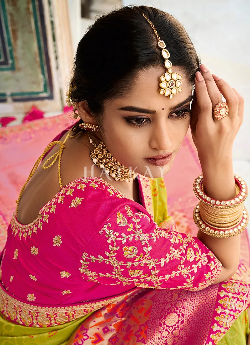 Lime Green And Pink Embroidered Silk Saree