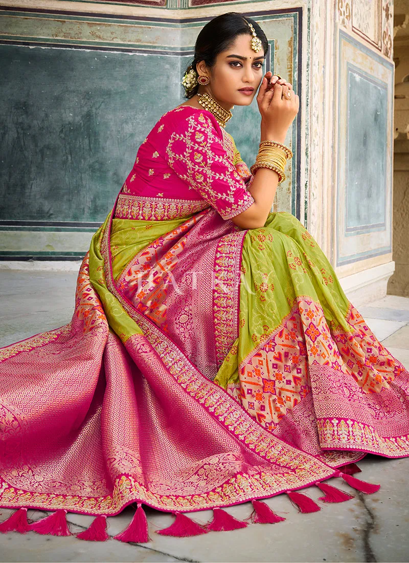 Lime Green And Pink Embroidered Silk Saree