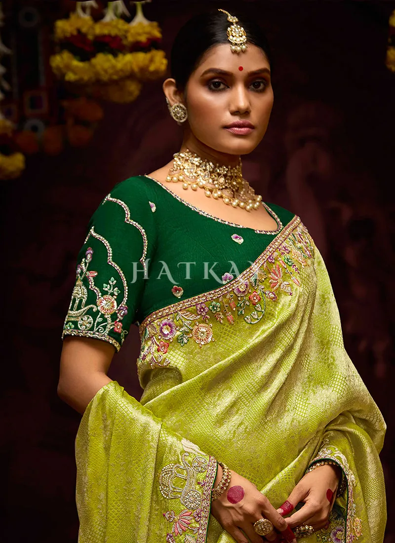 Lime Green Multi Embroidery Kanjivaram Silk Saree