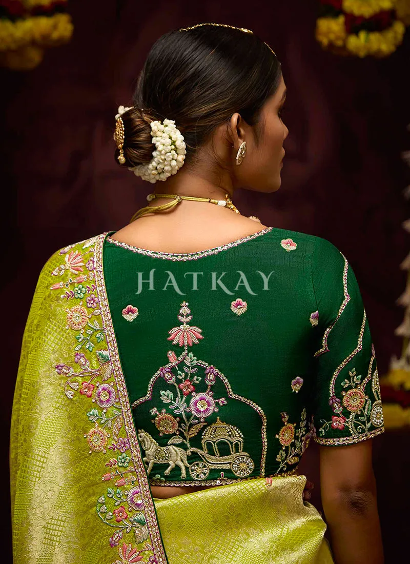 Lime Green Multi Embroidery Kanjivaram Silk Saree