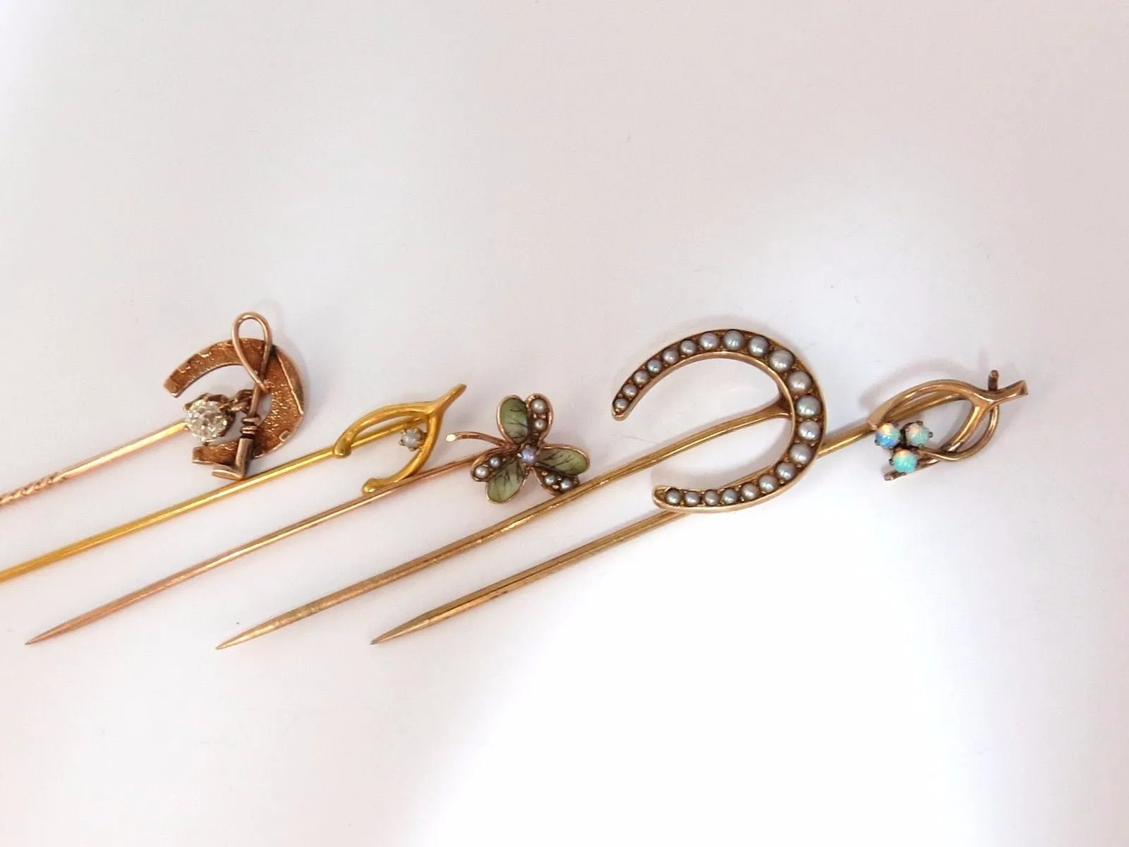 LOT OF (6) ANTIQUE HAT PINS COLLECTOR CLASSIC HORSESHOE JICKEY IRISH CLOVER
