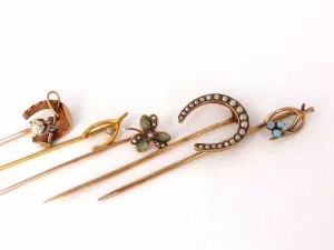 LOT OF (6) ANTIQUE HAT PINS COLLECTOR CLASSIC HORSESHOE JICKEY IRISH CLOVER