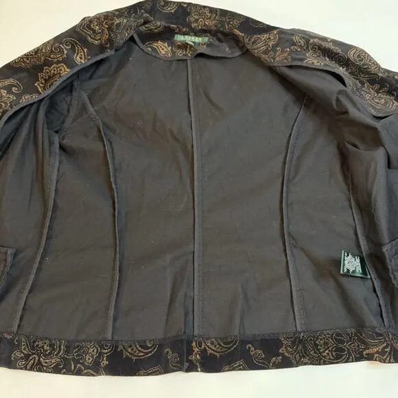 LRL Ralph Lauren Velvet Blazer Jacket Womens Sz 8 Black Gold Paisley Baroque