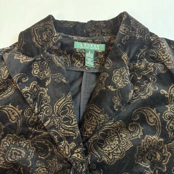 LRL Ralph Lauren Velvet Blazer Jacket Womens Sz 8 Black Gold Paisley Baroque