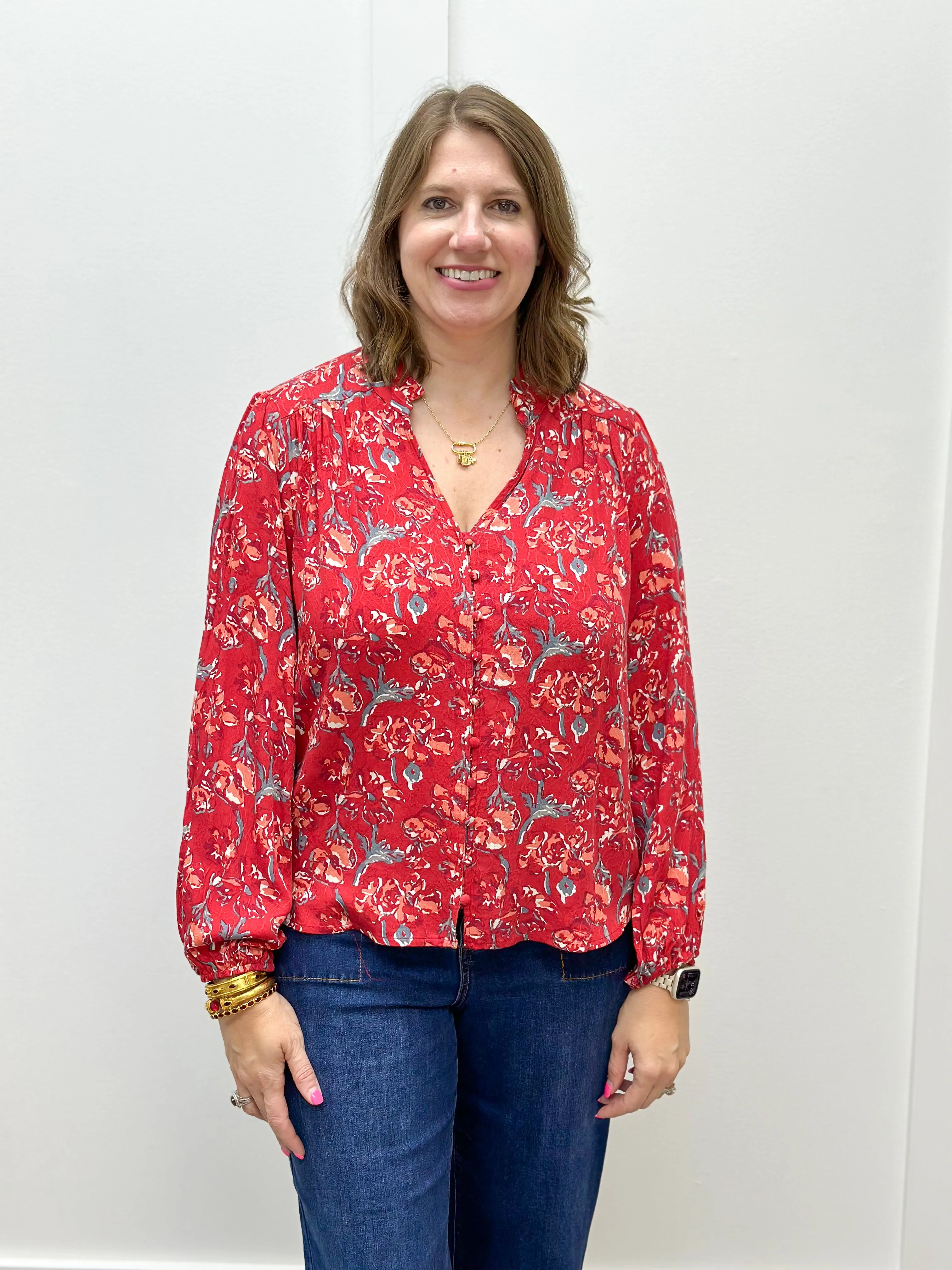 L/S Button Front Blouse - Scarlet