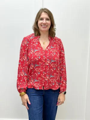 L/S Button Front Blouse - Scarlet