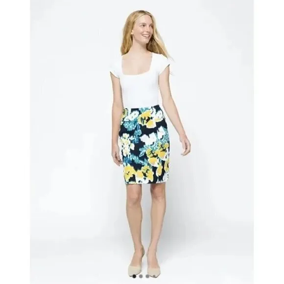 Lysse Charity Pencil Skirt Navy Yellow Abstract Floral Elastic Waist Medium