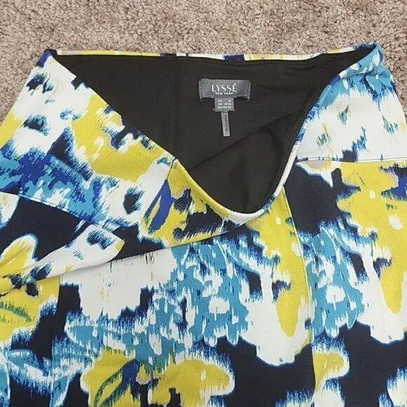 Lysse Charity Pencil Skirt Navy Yellow Abstract Floral Elastic Waist Medium