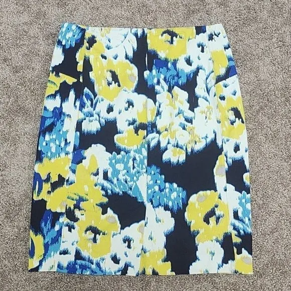 Lysse Charity Pencil Skirt Navy Yellow Abstract Floral Elastic Waist Medium
