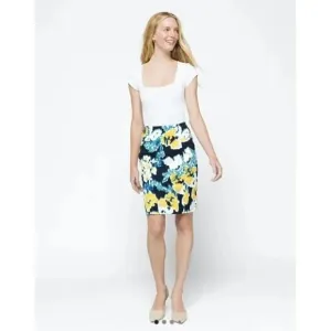Lysse Charity Pencil Skirt Navy Yellow Abstract Floral Elastic Waist Medium